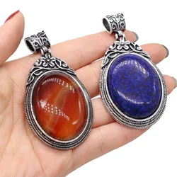 Natural Stone Pendant Oval Shape Lace Alloy Cabochon Stone/Opal/Tiger Eye Stone Necklace Pendants Size 38x70mm