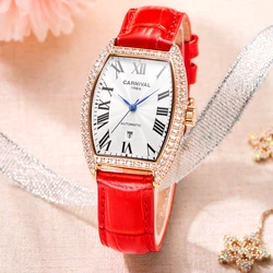 Carnival New Luxury Diamond Watch Women's Mechanical Watch Full Automatic Fashion Red Leather Women's Watch Relogio Feminino