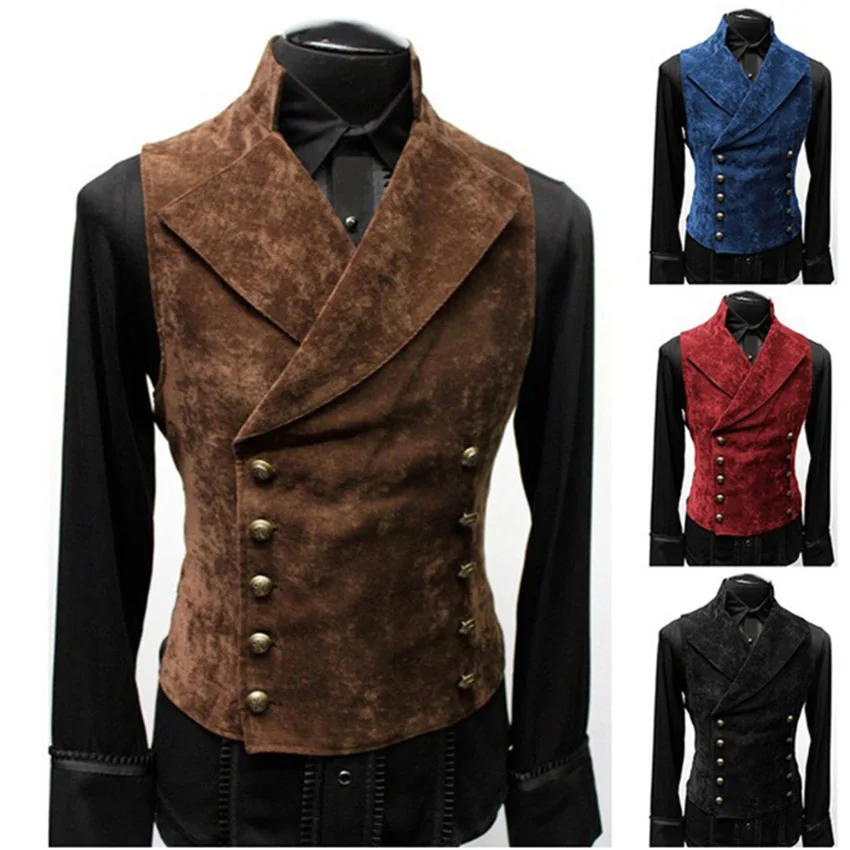 Vintage Red Suede Suit Vest Men Double Breasted Suit Vests Waistcoat Casual Slim Sleeveless Steampunk Homme 3XL