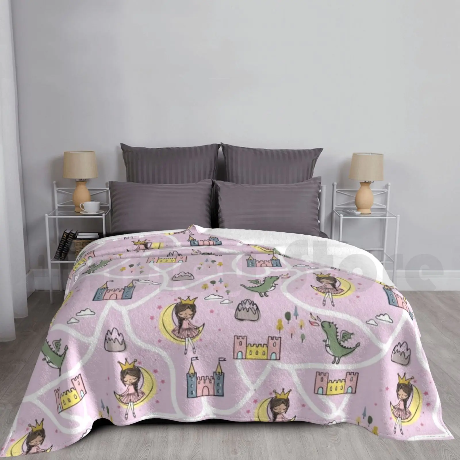 Childish Seamless Pattern With Princess And Dragon Blanket Super Soft Warm Light Thin Dragon Princess Help Rescue Girls