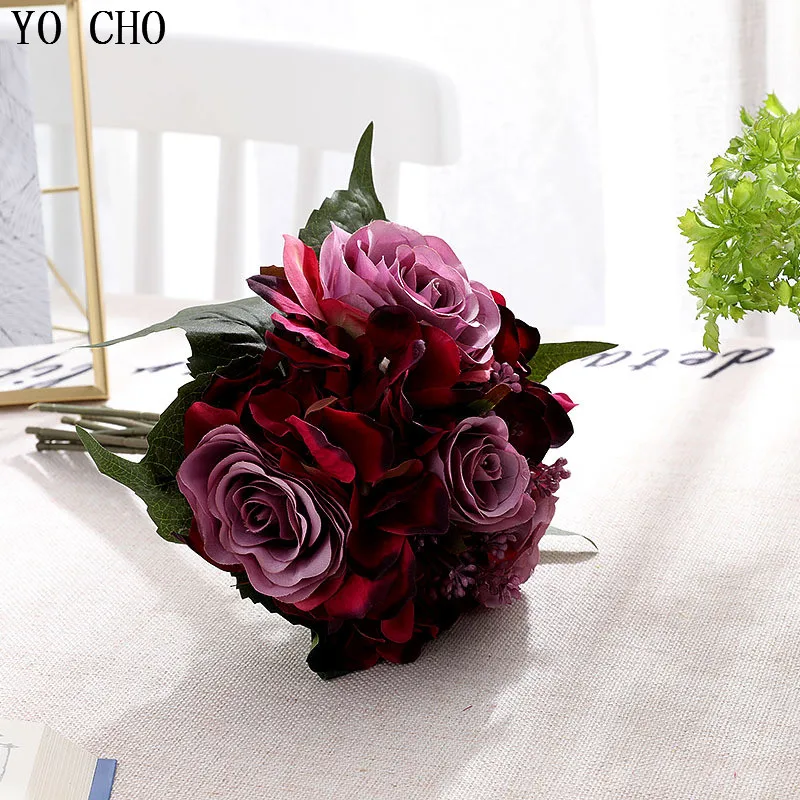 Yo cho buquê de casamento, flor artificial de seda com rosas, damas de honra, casamento em casa, acessório de casamento borgonha