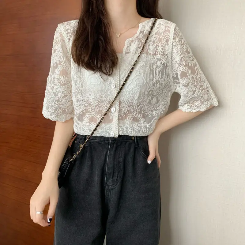 Shirt Women Lace Summer Sun-proof Simple Sexy Female Clothing Sheer Tops Preppy V-Neck Casual Trendy Harajuku Basic Korean New