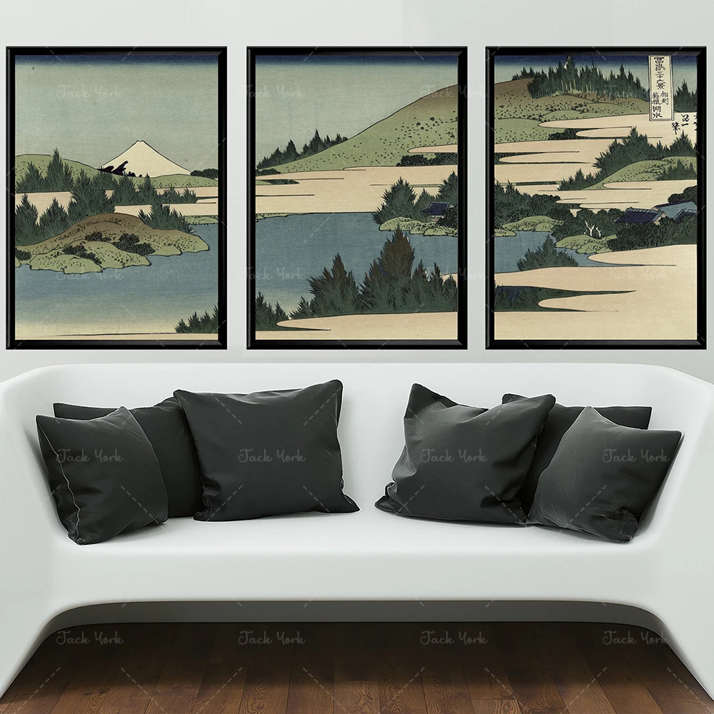 Mountain Lake Scenery Triptych Vintage Japanese Nature Painting Vintage Mount Fuji landscape Posters Ukiyo-e Woodblock Prints