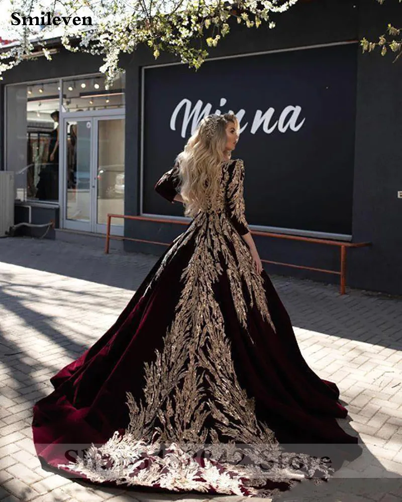 Smileven Caftan karakou algerien Formal Evening Dresses 3/4 Sleeve Burgundy Velvet Gold Lace Peplum Occasion Evening Prom Gown