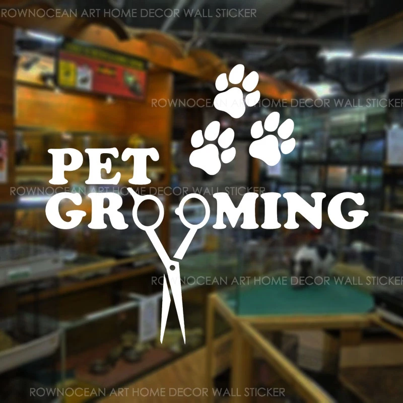Salon pielęgnacyjny dla zwierząt Naklejka na okno Winylowy wystrój domu Trail Paw Print Nożyczki Naklejki Sklep zoologiczny Znak Logo Fototapety Usuwalne 2077