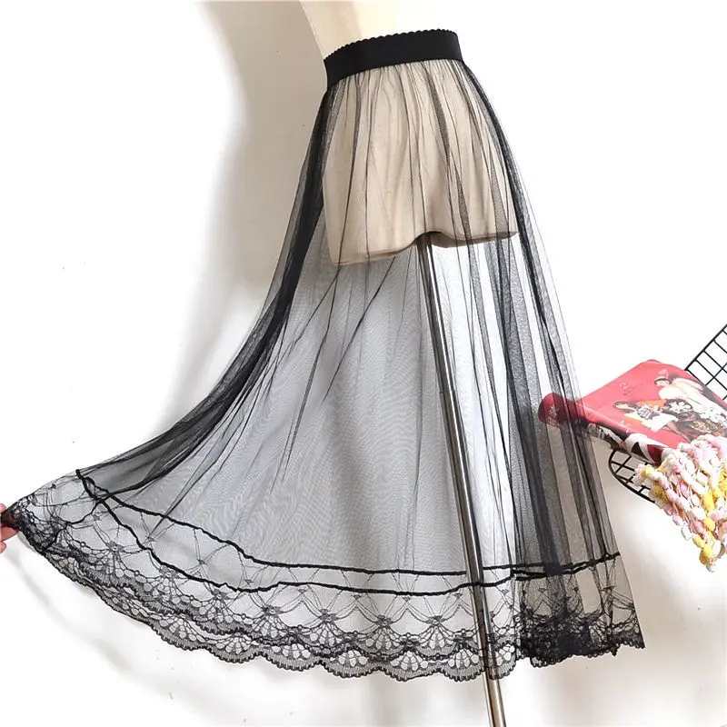 Mesh Skirts Women Summer Sexy Decoration Retro Simple Ins Party Solid Color Lace Popular Basic Clothing Princess Elegant Faldas