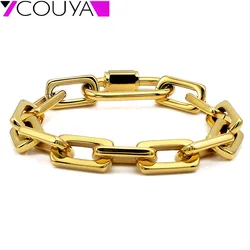 Metal Shiny Punk Bangle Bracelet for Women Men Big Screw Lock Heavy Gold Plated Stainless Steel Chain Bracelet Necklace Set