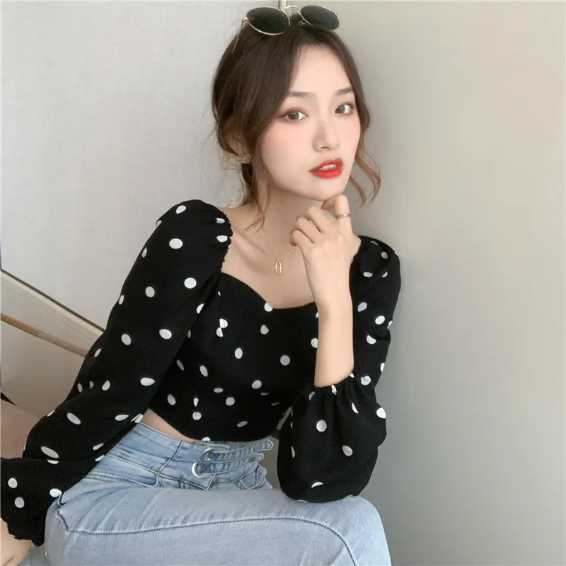 Blouse Femme 2020 Autumn New Polka Dot Black White Puff Sleeve Top Chiffon Shirt Square Collar Casual Long Sleeve Women Shirt