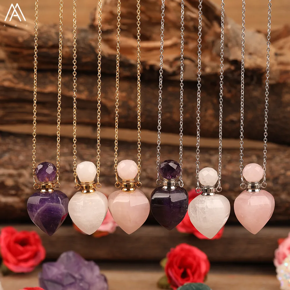 Natural White Jades Roses Amethysts Quartz Heart Shape Perfume Bottle Pendant Necklace Elegant Women Essential Oil Vial Jewelry image 2