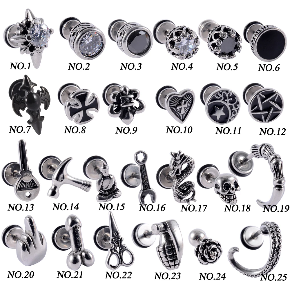 1Pair Punk Gothic Earrings Surgical Steel Retro Ear Studs Tragus Helix Cartilage Lobe Women Fashion Man Body Piercing Jewelry