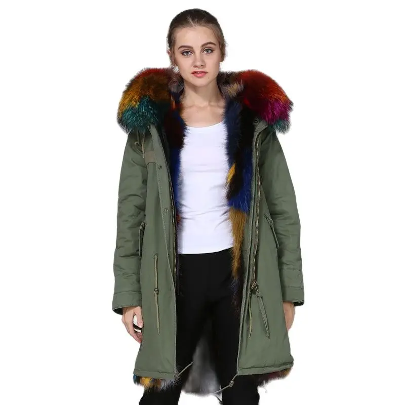 Top Quality Mhnkro Colorfully Fur Lined Long Army Green Raccoon Real Fur Lined Dyed Color Furs Couple Wear