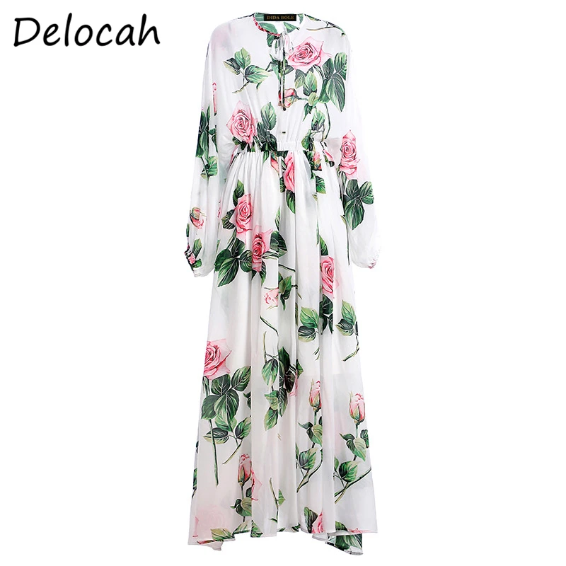 

Delocah Summer Elegant Long Dresses Women Lantern Sleeve Elastic Rose Floral Print Waist Holiday Chiffon Maxi Dress