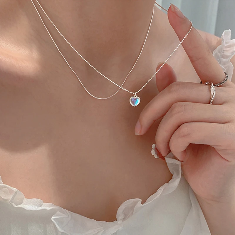 XIYANIKE Silver Color  Double Love Heart-shaped Moonstone Pendant Necklace Women Gradient Gemstone Clavicle Chain Couple image 3