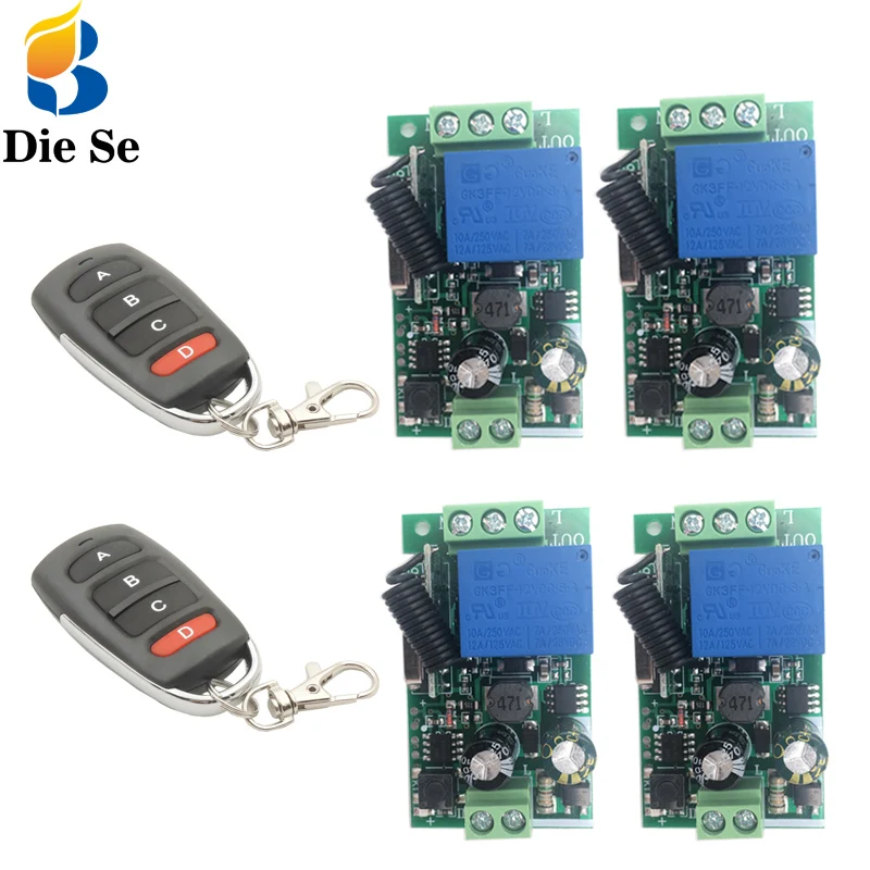 AC 110V 220V 230V 10A 1CH Remote Control Switch RF Wireless Receiver Relay Module and transmitter for 4CH Independent Controls