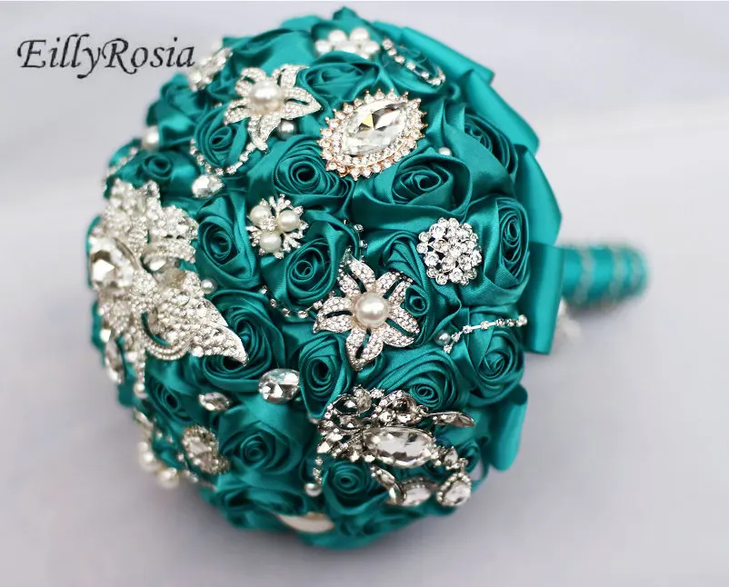 

Turquoise Bridal Brooch Bouquet Jewelry Satin Roses Handmade Peacock Blue Bride Flower Bouquet de mariage flor artificial