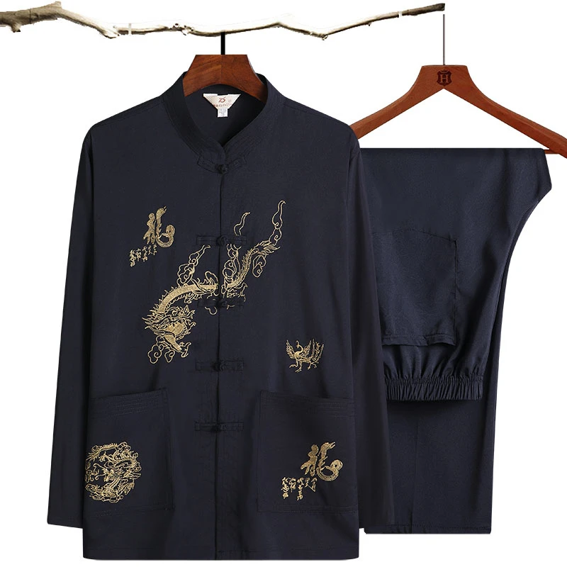 Men's long-sleeved Tang suit Chinese style Hanfu father clothes dragon pattern with pockets kung fu uniform vestido chino