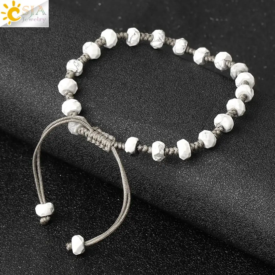 CSJA Natural Stone Braided Bracelets Faceted Round Bead 6mm Crystal Quartz Gray Weaving Rope Women Bracelet Healing Jewelry G453