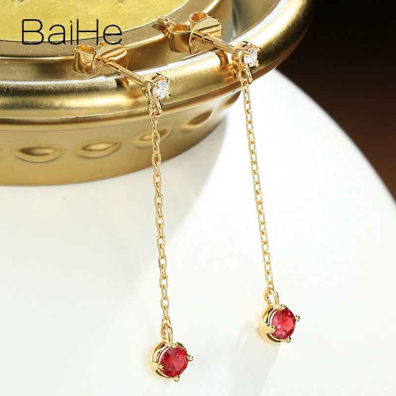 BAIHE Solid 18K Yellow Gold Natural Ruby Diamonds Ear line long Stud Earrings Women Engagement Trendy Fine Jewelry Ушная нить