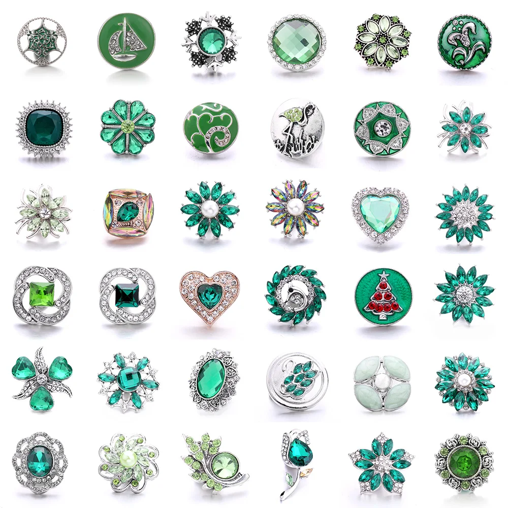 

5pcs/lot New Snap Jewelry Green Crystal Tree Heart Dragonfly Snap Buttons DIY Ginger Charms Fit 18mm Snap Button Bracelet Bangle