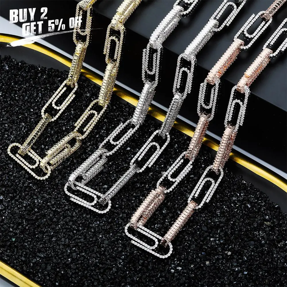 JINAO New Fashion 10mm Paper clip-shaped interlocking buckle Hip Hop Iced Out Cubic Zircon Cuban Links Men's Necklace