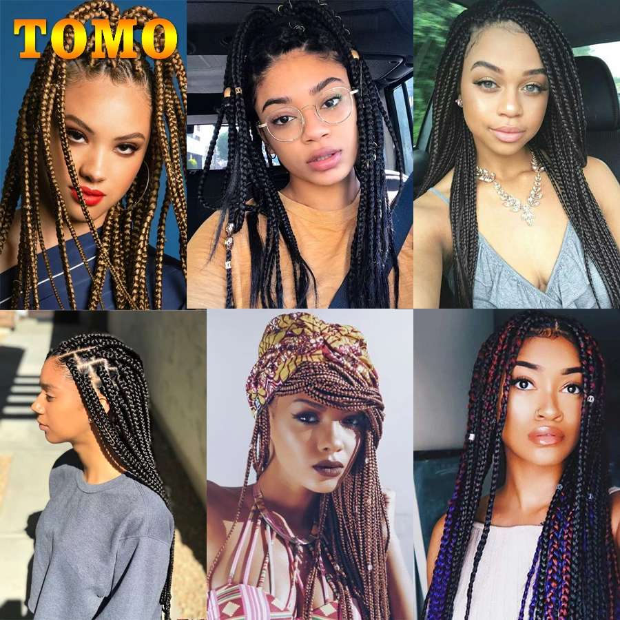 TOMO 3X Box Braids Crochet Hair Extensions 14 18 22 Inch Ombre Black Brown Long Synthetic Crochet Braiding Twist Hair 22 Strands