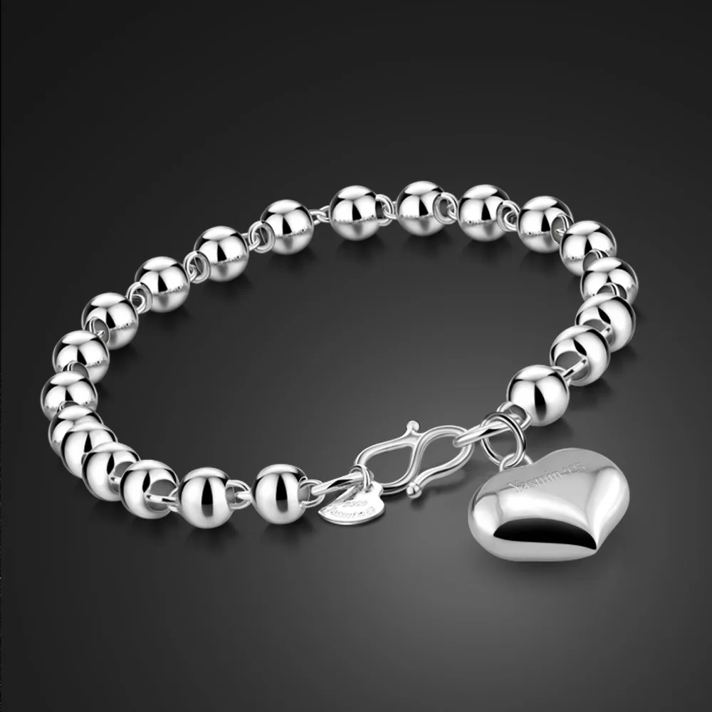 

Fashion New Silver Heart Shape Bracelet Handmade Bead Chain 925 Sterling Silver Bracelet For Women Men Jewelry Gift