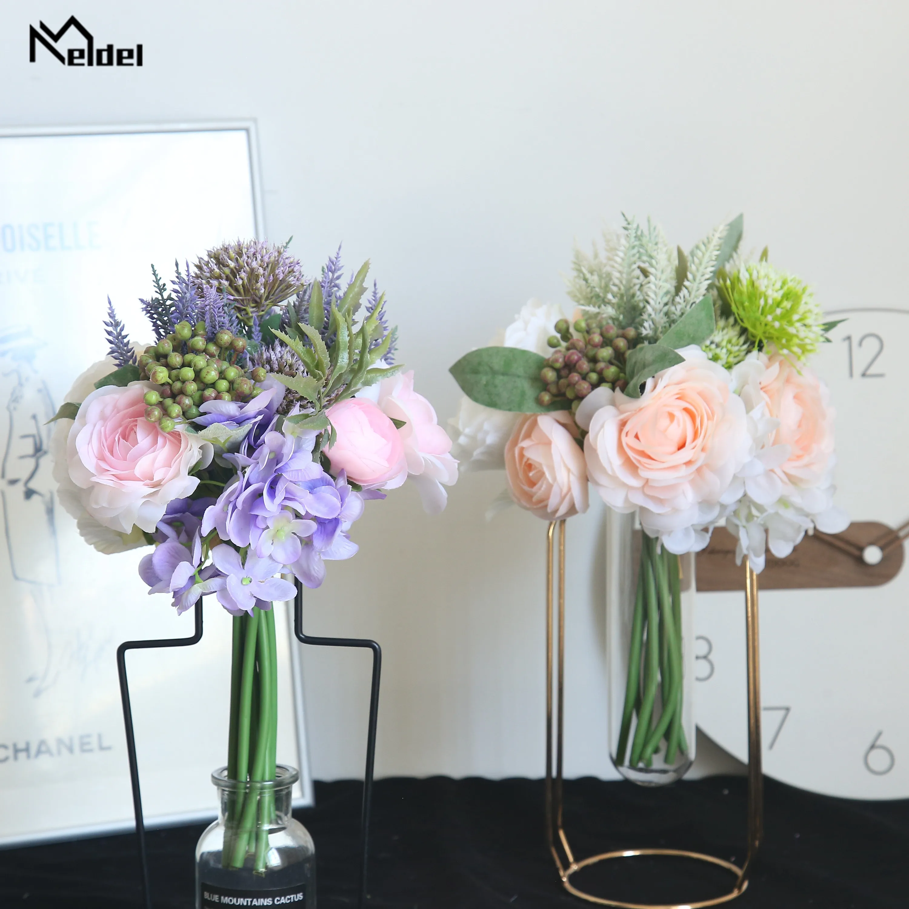 Meldel buquê de rosas falsas, flor artificial de seda, peônia, frutas de lótus, decoração para casa, festa de casamento, buquê de lavanda