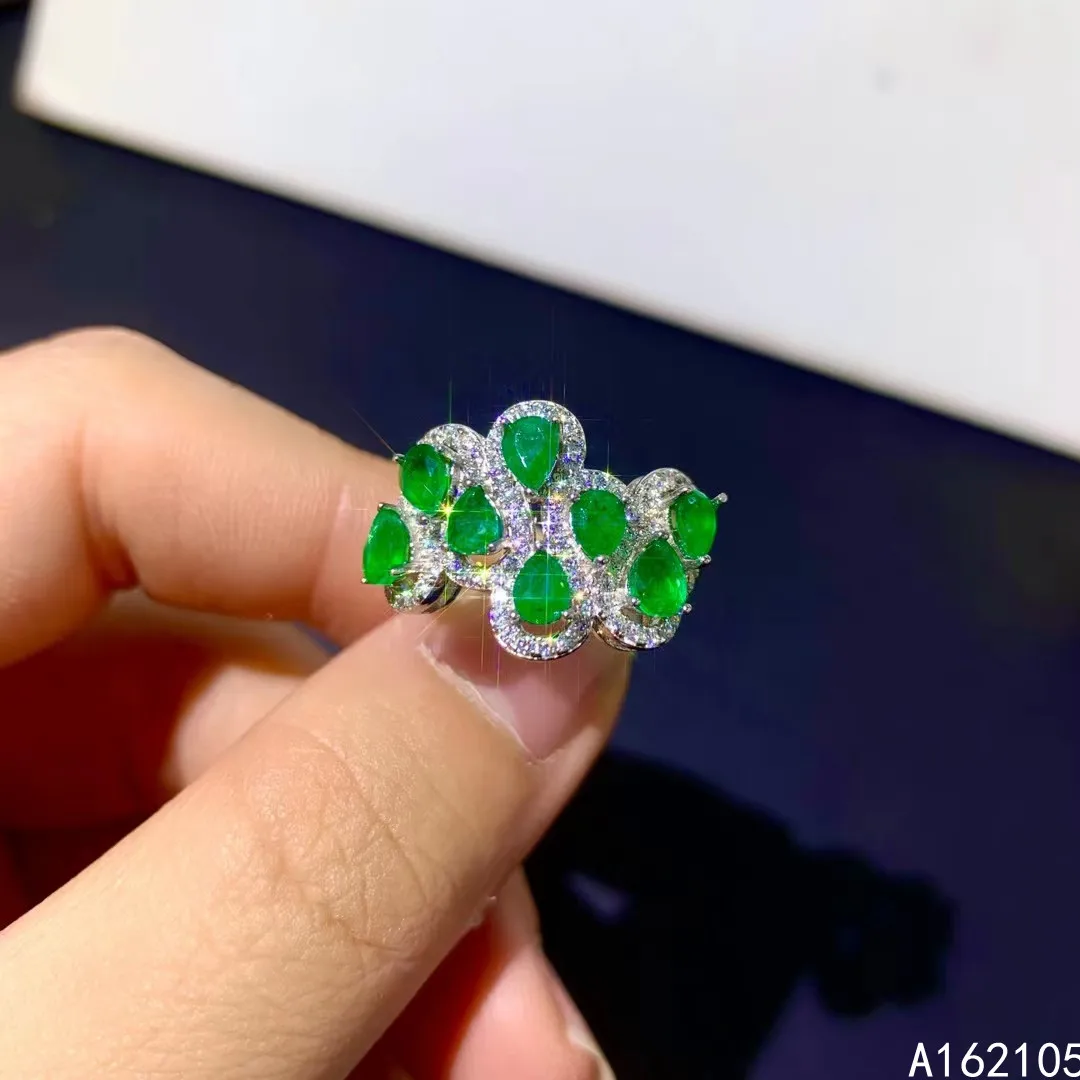 925 pure silver Chinese style natural Emerald women's luxury noble water drop adjustable gem ring fine jewelry support detection