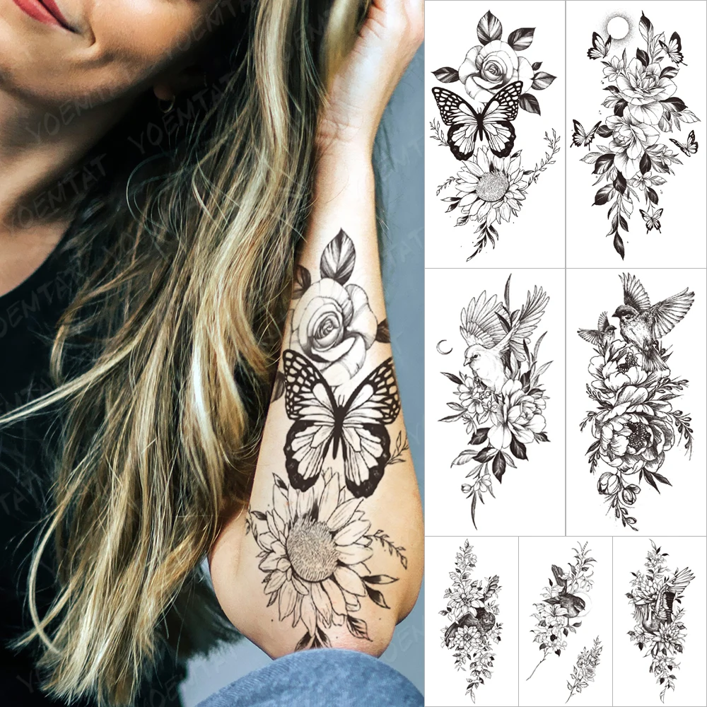 

Black Flower Blooming Waterproof Temporary Tatooo Stickers Butterfly Peony Leaf Transfer Tatooos Body Art Fake Tatoo Women