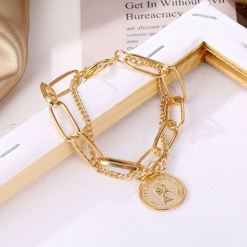 Punk Hip Hop Portrait Coin Bracelet Bohemian Retro Multilayer Chain Geometric Coin Pendant Bracelet Fashion Female Jewelry image 4