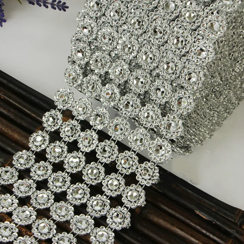 1 Yard Silver Crystal Ribbon Faux Diamond Acrylic Ribbon Wrap Flower Shape Mesh Wrap Roll for Wedding Party Decorations