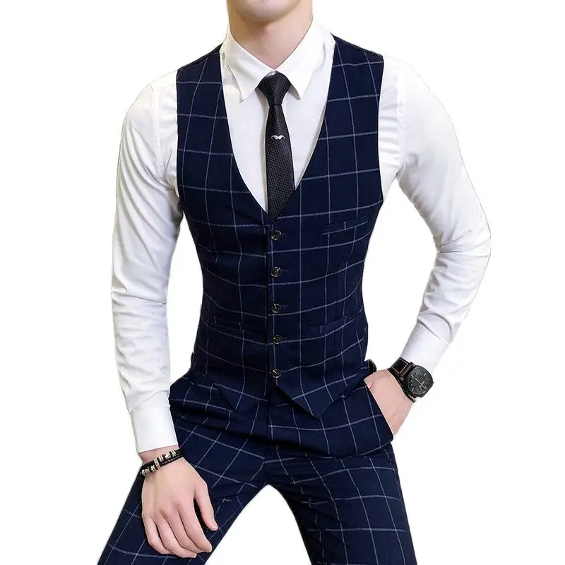 Fashion Brands Male Suit Vests Business Wedding Dresses Tops Men Slim Fit Male Casual Grid Waistcoat Size S-4XL