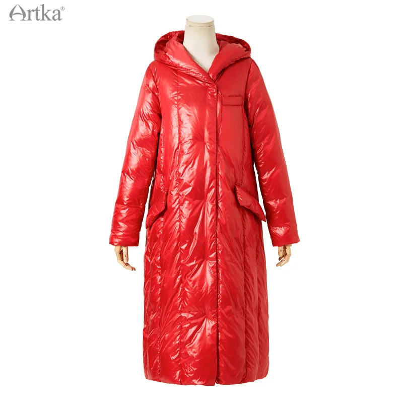 ARTKA 2021 Winter New Women Down Coat 3 Color Fashion Glossy 90% White Duck Down Coat Long Hooded Thicken Outerwear YK10388D