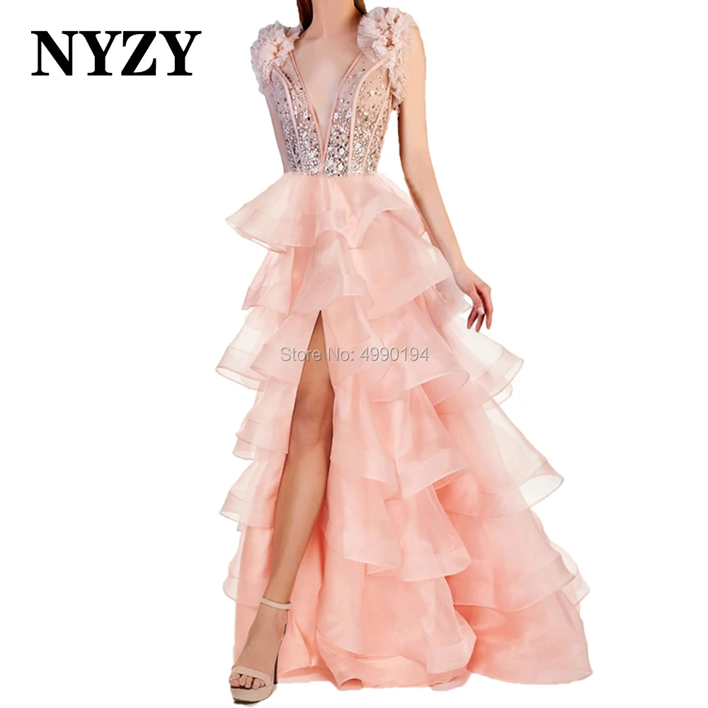 NYZY – Robe de soirée élégante rose, tenue de bal en Organza à volants, cristaux, mode, 2020, P103