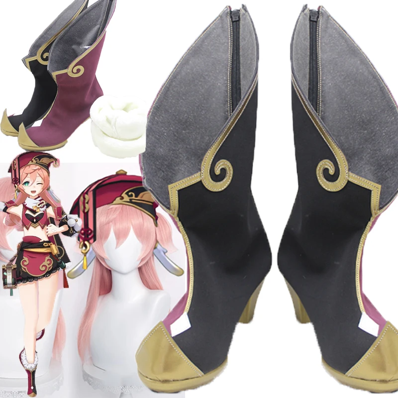 

Anime Game Genshin Impact Yanfei shoes Boots Game Aestheticism Yan Fei Cosplay Pink wigs Halloween Party Outfit For Women dress