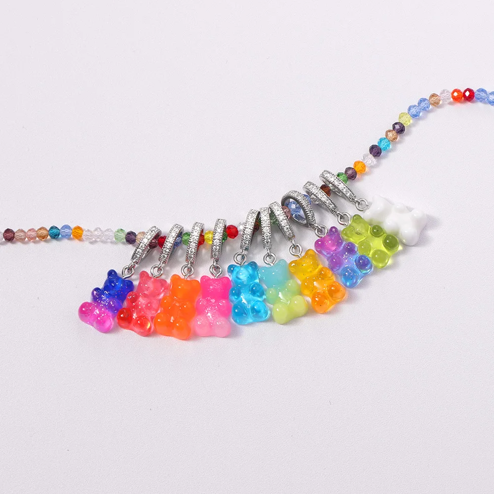 Korean Glass Beaded Collar Shiny Jelly Gummy Bear Pendant Necklace Jewelry Silver Color Zircon Mini Bears Beads Neckalces Women