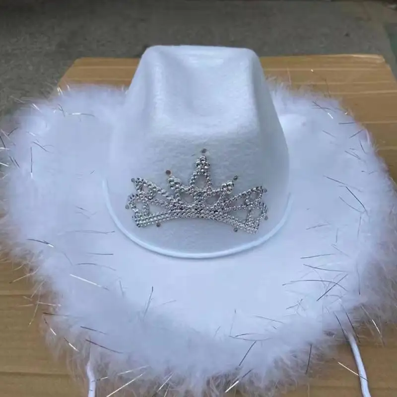 Rhinestone Crown Feather Panama Pink Cowboy Cowgirl Hat for Women Girls Chapeau Cowboy Hats Caps sombrero de vaquero mujer