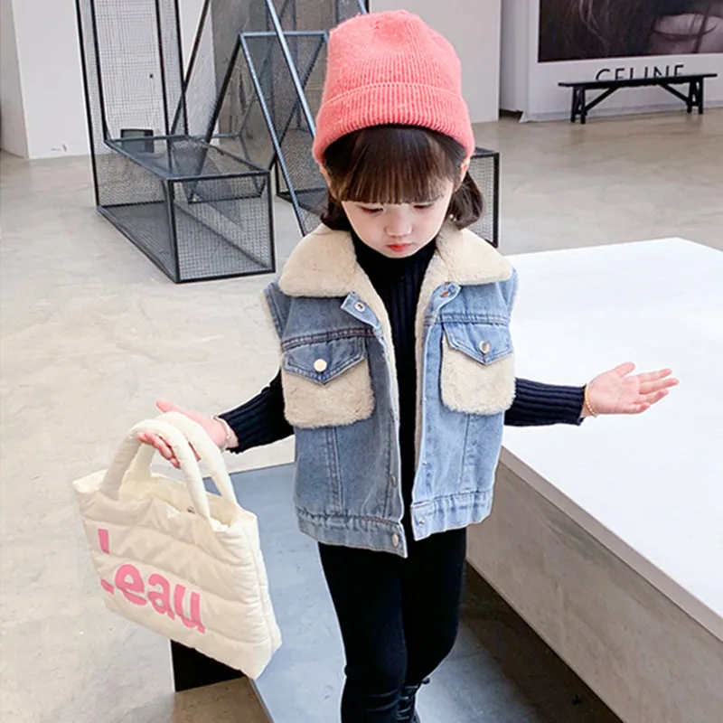 DFXD Winter Children Rabbit Fur Denim Waistcoat Fashion Kids Girls Single-breasted Sleeveless Plus Velvet Vest Jeans Coat 1-7Yrs