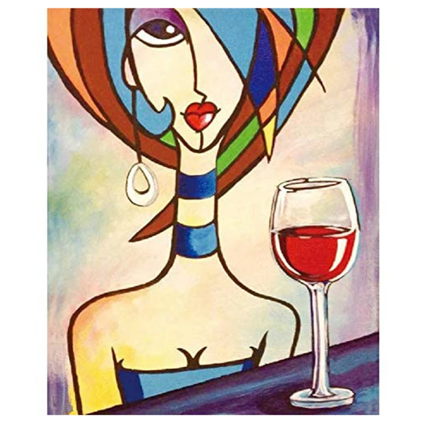 5D Full Round/Square Drill Mosaic Abstract Girl and Red Wine Glass Diamond Painting Kits Cross Stitch Christmas Gift WG986