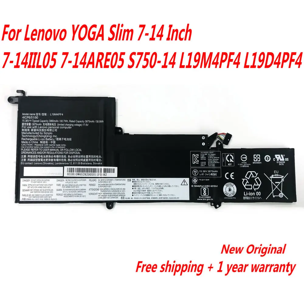 NEW L19C4PF4 Laptop Battery For Lenovo YOGA Slim 7-14 Inch 7-14IIL05 7-14ARE05 S750-14 L19M4PF4 L19D4PF4 15.36V 60.7WH