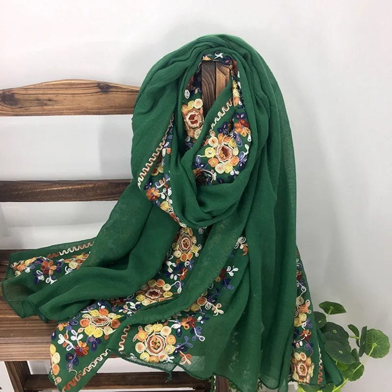 Women Foulard Elegant Embroidered Cotton Winter Scarf Muslim Hijab Bandana Long Shawl Beautiful