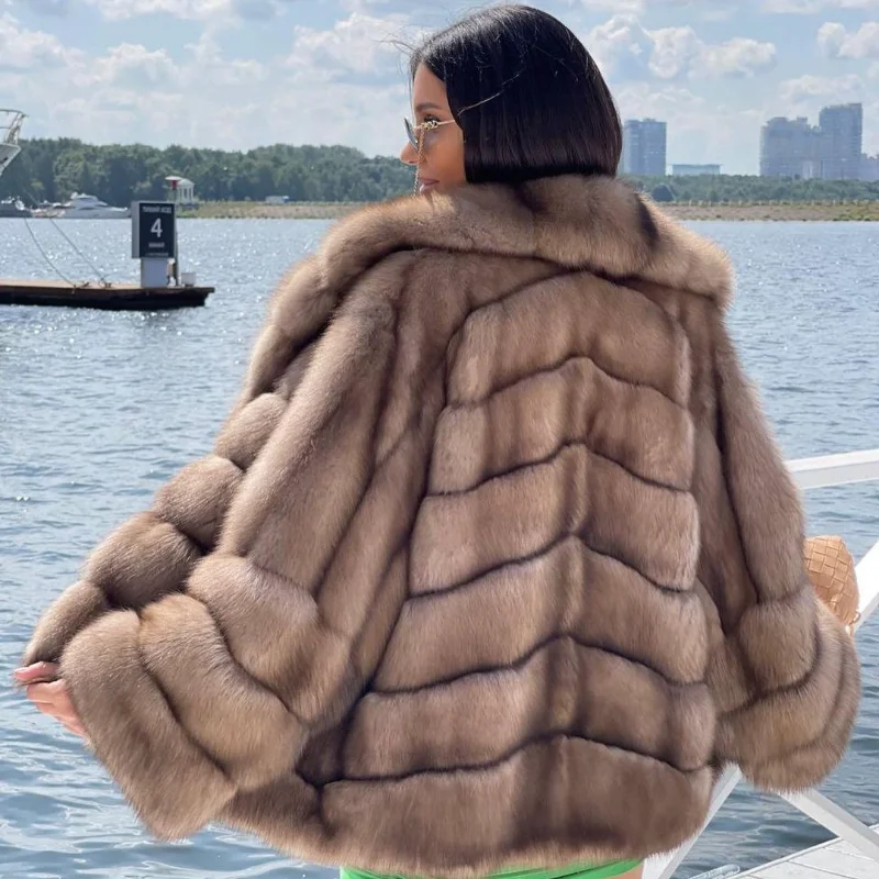 Sable Color Natural Fox Fur Jacket Women Spring Luxury Warm Outertwear Long Sleeve Lapel Genuine Real Fur Coat Lady Topfur