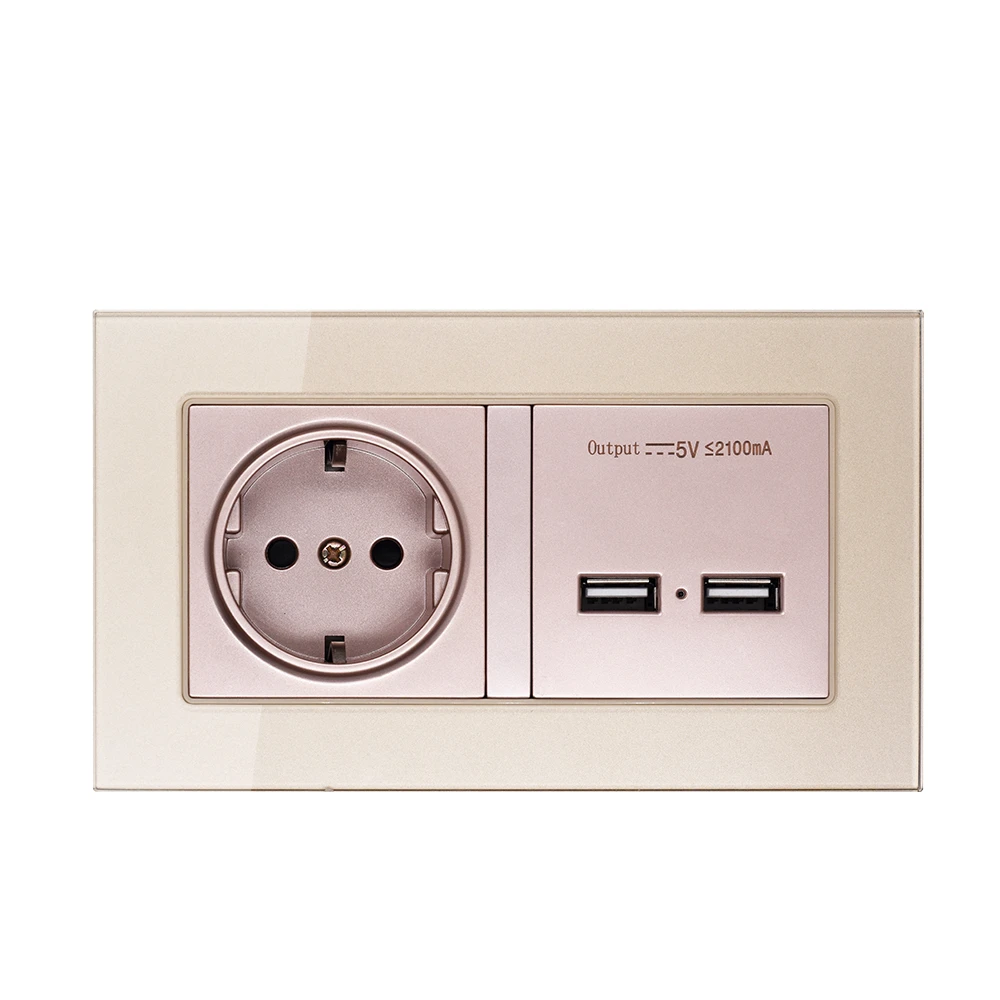Wall Socket Eu Standard Power Outlet With Dual Usb Smart Induction Charge Port For Mobile 2.1a Crystal Glass Panel