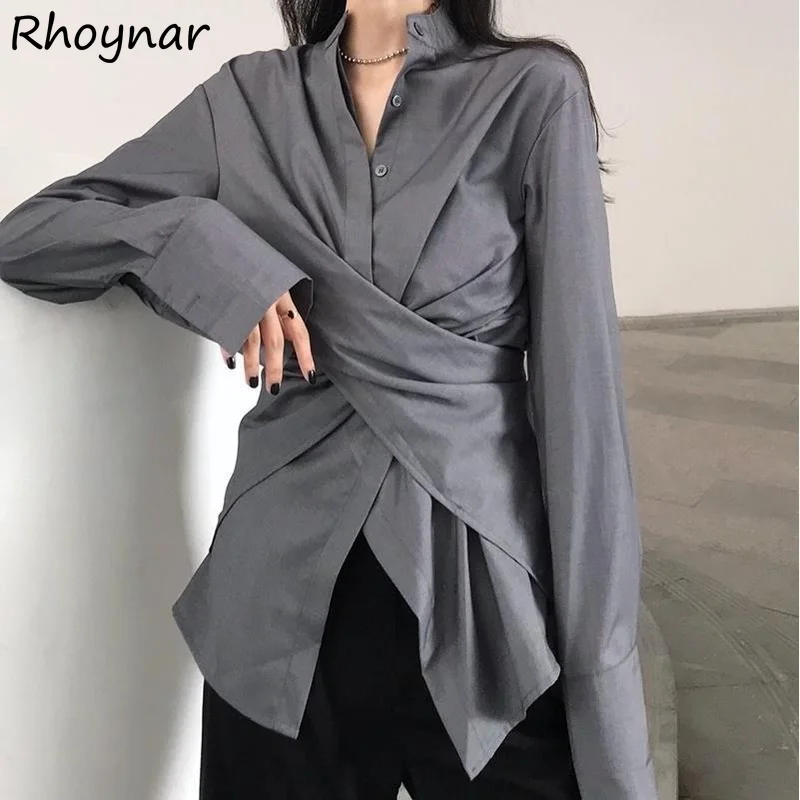 Shirts Women Long Sleeve Fashionable Chic Slim Irregular All-match Casual Feminino Tops Korean Style Spring Popular Stand Collar