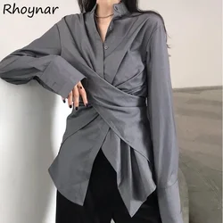 Shirts Women Long Sleeve Fashionable Chic Slim Irregular All-match Casual Feminino Tops Korean Style Spring Popular Stand Collar