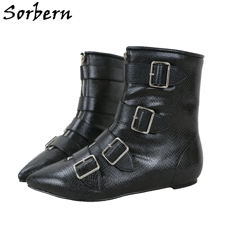 

Sorbern Black Embossed Snake Boots Ankle High Baroque Style Awful Cuban Heels Flat Pointed Toe Buckles Strap Customized Order