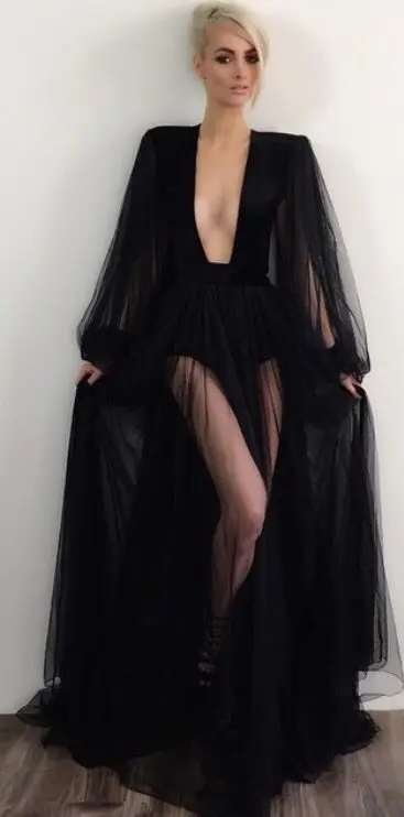 Sexy Black Bathrobe Women Long Sleeves Night Robe Sleepwear Deep V Neck Nightgown Robes Bridal Homedress