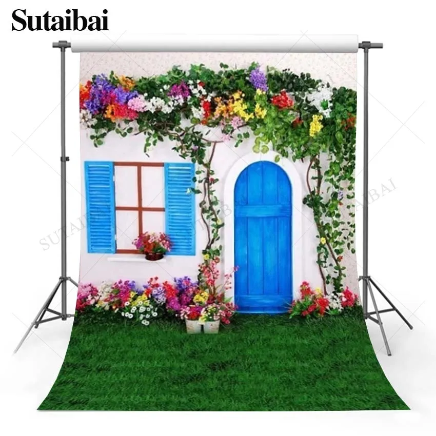 Spring Landscape Easter Backdrops White Wall Flower Wooden Door Grass Baby Shower Happy Party Photography Background