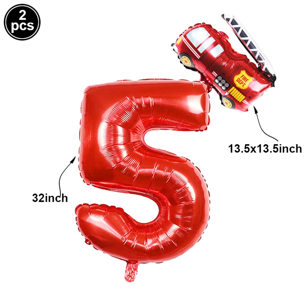Das Feuer-Party-Dekor-Set enthält einen Zahlen-Folienballon und einen Mini-Feuerwehrauto-Ballon. Feuerwehrmann-Geburtstagsballon für eine Rettungs-Mottoparty – Detail 6