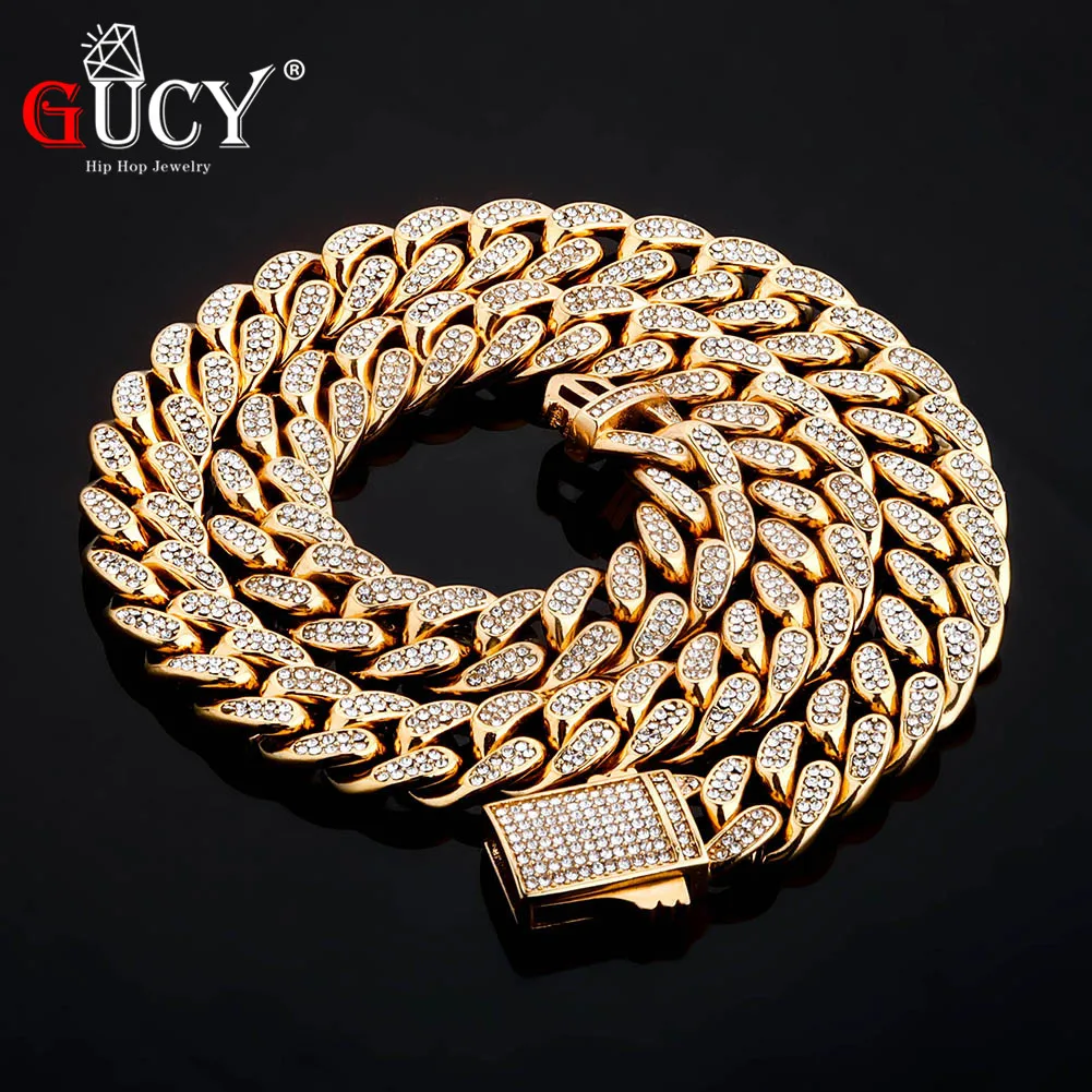 GUCY Iced Cubic Zirconina Cuban Chain Necklace Men's Hip Hop Jewelry Stainless Steel Bling High Quality Miami  Necklace